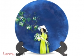 Blue round lacquer dish hand-painted with the girl  included with stand 30 cm
